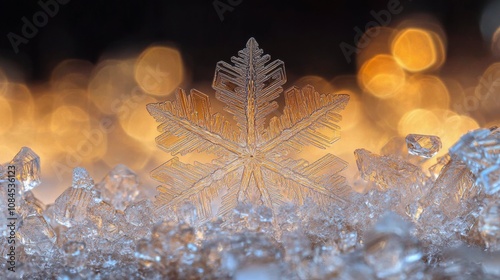 Delicate snowflake resting on a surface of shimmering ice crystals with a war...