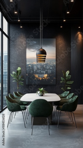 Modern conference room with city skyline view during daytime meeting