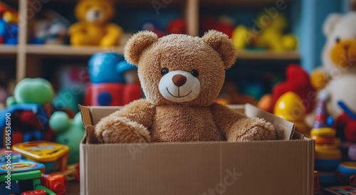 A cozy teddy bear sitting happily in a cardboard box surrounded by colorful t...