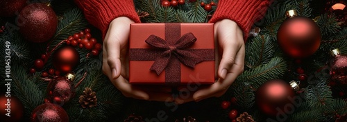 A person holds a red gift box surrounded by festive decorations in a holiday setting