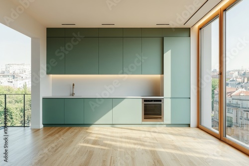 Modern kitchen design featuring green cabinets and large windows in a city sk...