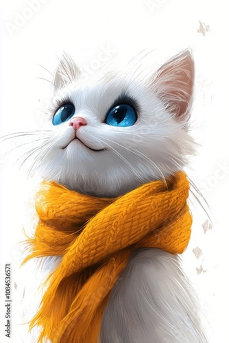 Adorable white cat wearing a bright yellow scarf with striking blue eyes