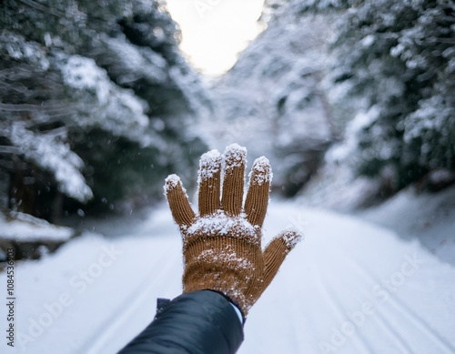 雪道で手袋をして手をかざす人 photo