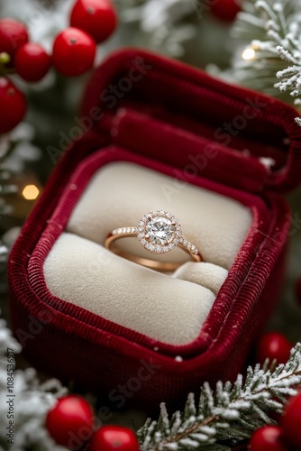 Beautiful engagement ring displayed in a red velvet box surrounded by snow an...