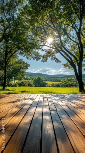 A peaceful wooden deck surrounded by lush green trees and a vibrant landscape...