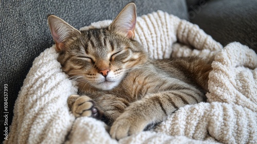 A cozy tabby cat peacefully napping on a soft blanket in a warm living room s...
