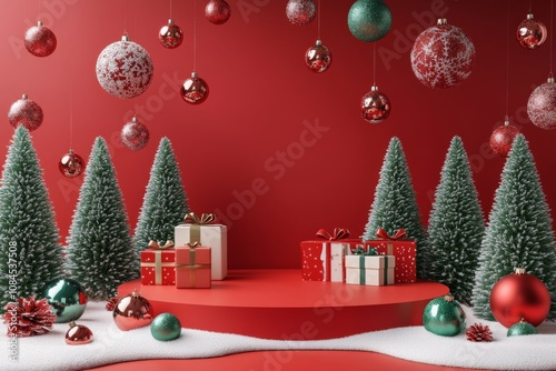 Cozy festive display with red and green decorations, trees, and gifts