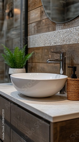 Modern bathroom sink design with a stylish round basin and natural elements i...