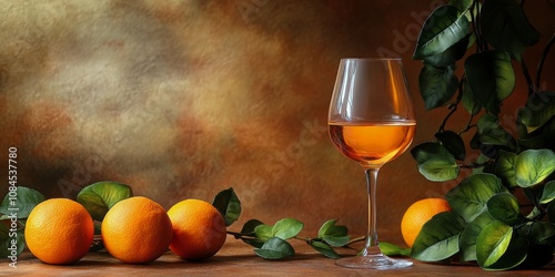 On a wooden table, several vibrant oranges are placed alongside a glass fille...