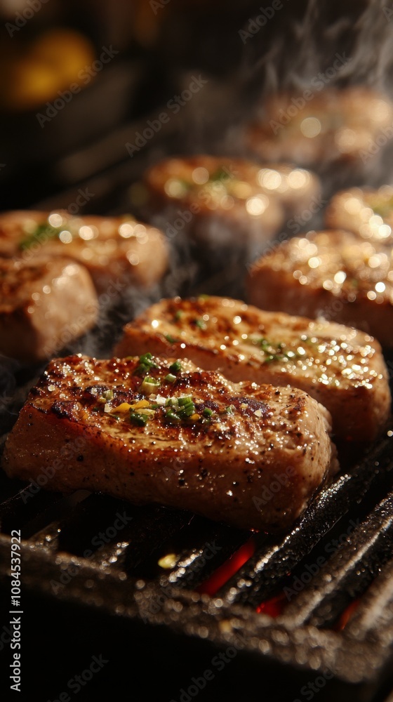 Grilled steak cooking on a barbecue with smoky background and vibrant vegetables nearby Grilled steak cooking on a barbecue with smoky background and vibrant vegetables nearby