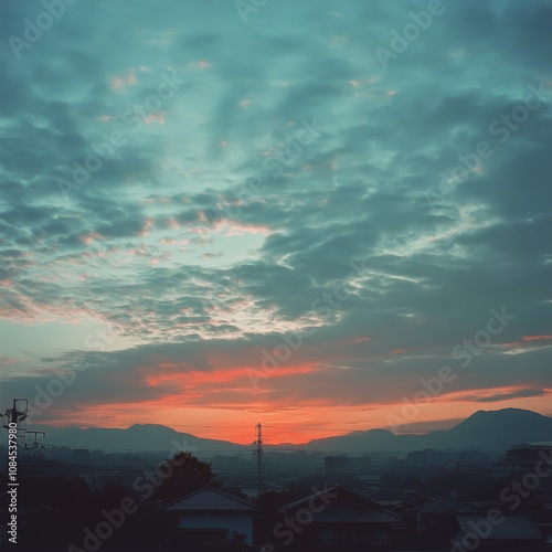 Golden sunset over a city skyline with gentle clouds and distant buildings at...