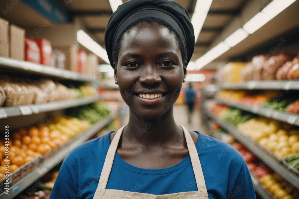 Close portrait of a smiling young South Sudanese female grocer standing and looking at the camera, South Sudanese grocery store blurred background Close portrait of a smiling young South Sudanese female grocer standing and looking at the camera, South Sudanese grocery store blurred background
