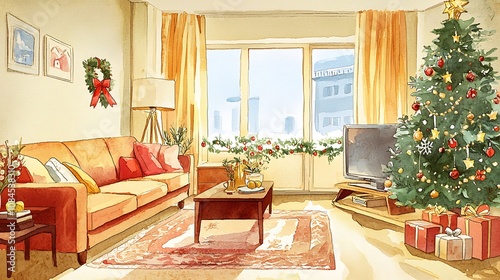Cartoon-style watercolor illustration of a living room decorated for Christmas and New Year celebrations.