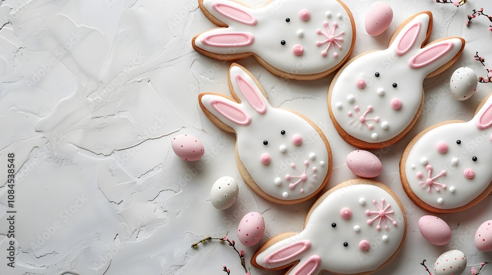 Hand-decorated bunny-shaped cookies with pink and white icing on a white textured background, perfect for Easter treats, festive decor, or springtime celebrations