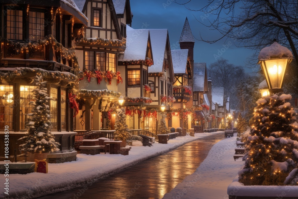 Fototapeta premium Festive Winter Wonderland in Quaint Town