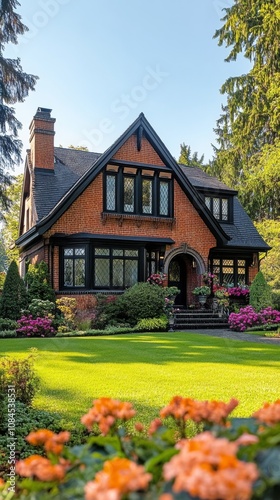 Beautiful wooden house surrounded by vibrant flowers in a sunny garden during...