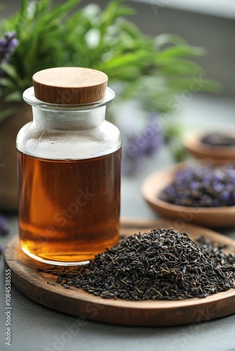 Glass jar of herbal tea next to dried lavender and fresh flowers on a wooden table