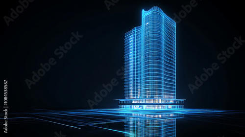 A blue hologram of modern highrise building on dark background with glowing lines and white buildings construction engineering concept, real estate business or digital photo