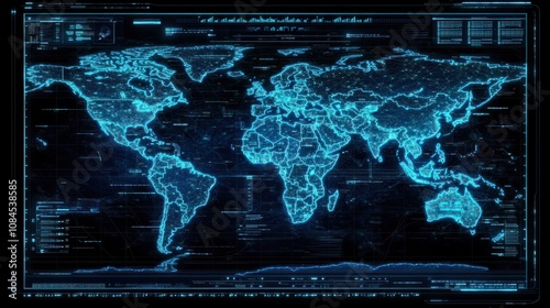 Blue digital world map with glowing network lines and data points, ideal for global communication and information technology themes photo