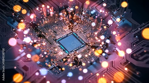 The surface of a semiconductor chip reflects faint blue light from the circuit board beneath, surrounded by tiny microcomponents, symbolizing the intricate beauty of technology and photo