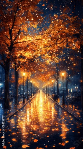 Enchanted Autumn Evening City Street. Golden light reflects on the wet pavement, illuminating the trees and creating a magical ambiance. Perfect for autumn lovers.