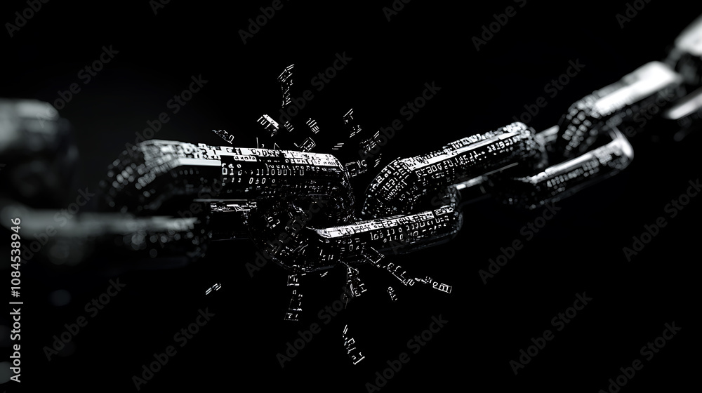 Fototapeta premium A broken chain with digital binary code in the background, symbolizing transition and system change for blockchain technology