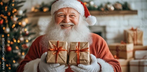 Santa Claus joyfully holding gifts in a cozy living room during the festive s...