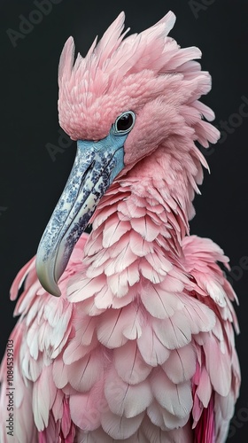A close up view of a uniquely colored bird with bright pink feathers against ...