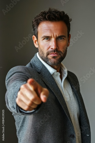 Confident man pointing directly at the camera on a bustling city street durin...