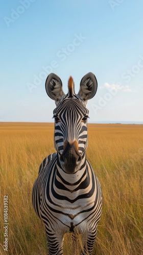 A zebra standing in tall grass under a clear blue sky during the day in a nat...