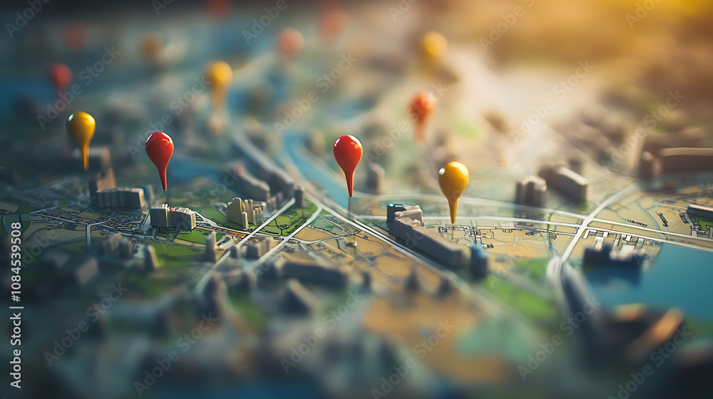 A digital map with pins and markers representing different locations, illustrating the concept of location tracking in online applications or travel planning