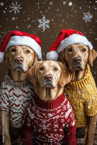 Three festive dogs wearing Christmas sweaters and hats celebrate the holiday ...