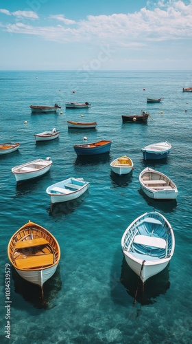 Calm blue waters with multiple boats anchored in the Mediterranean during a s...