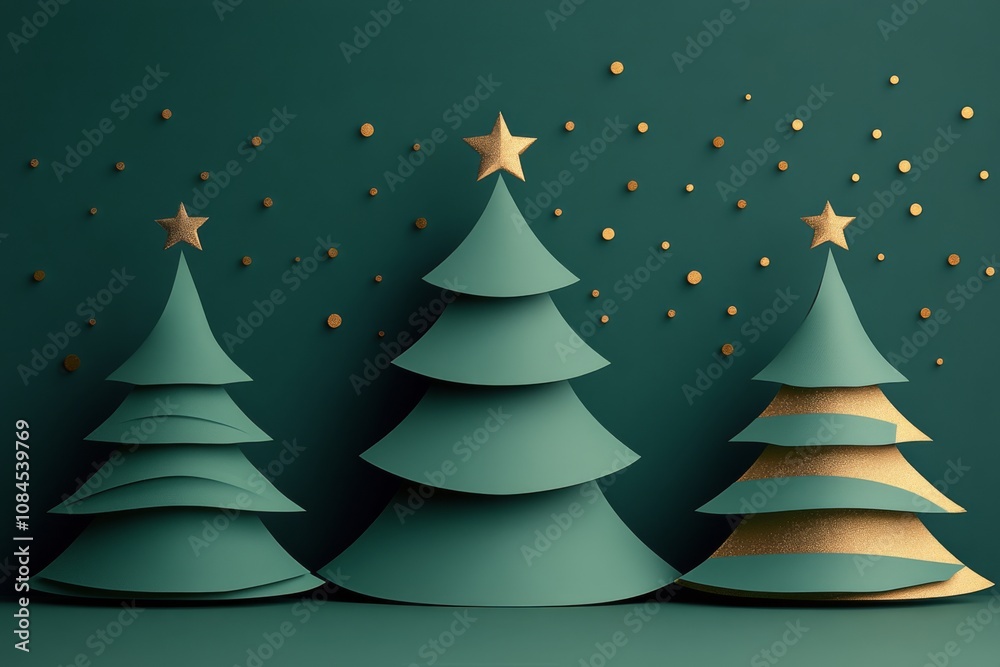 Elegant Christmas trees with stars and gold accents against a teal background at holiday season