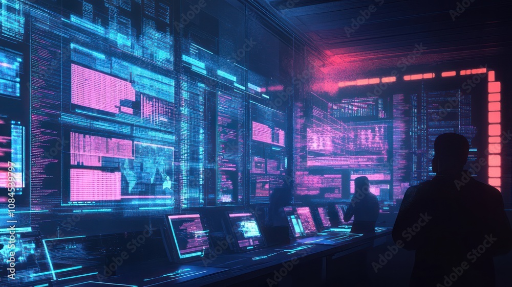 A futuristic control room with glowing screens displaying data and analytics.