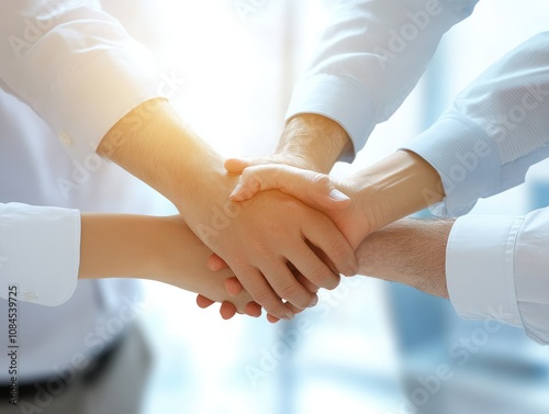 Business team showing unity with their hands together in sunny office. Group of people joining hands and representing concept of friendship, teamwork and partnership photo