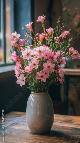 A bouquet of pink tulips in a rustic vase on a wooden table against a texture...