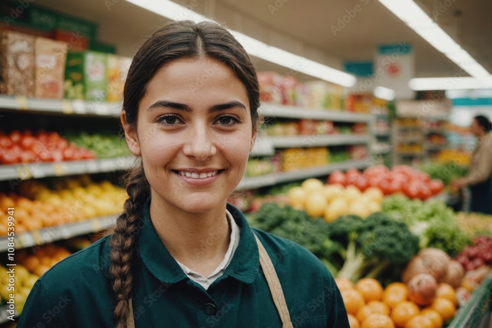 Close portrait of a smiling young Tajik female grocer standing and looking at the camera, Tajik grocery store blurred background Close portrait of a smiling young Tajik female grocer standing and looking at the camera, Tajik grocery store blurred background