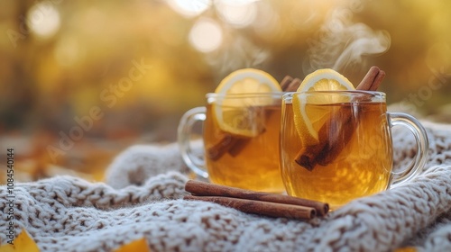 Warm beverages with lemon and cinnamon served outdoors on a cozy blanket duri...