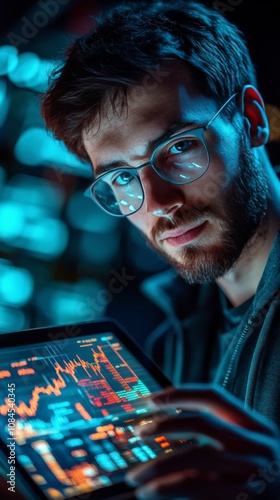 Young man analyzing financial data on a tablet in a dimly lit room during eve...