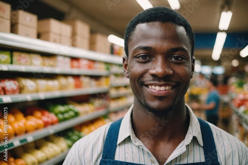 Close portrait of a smiling young Togolese male grocer standing and looking at the camera, Togolese grocery store blurred background