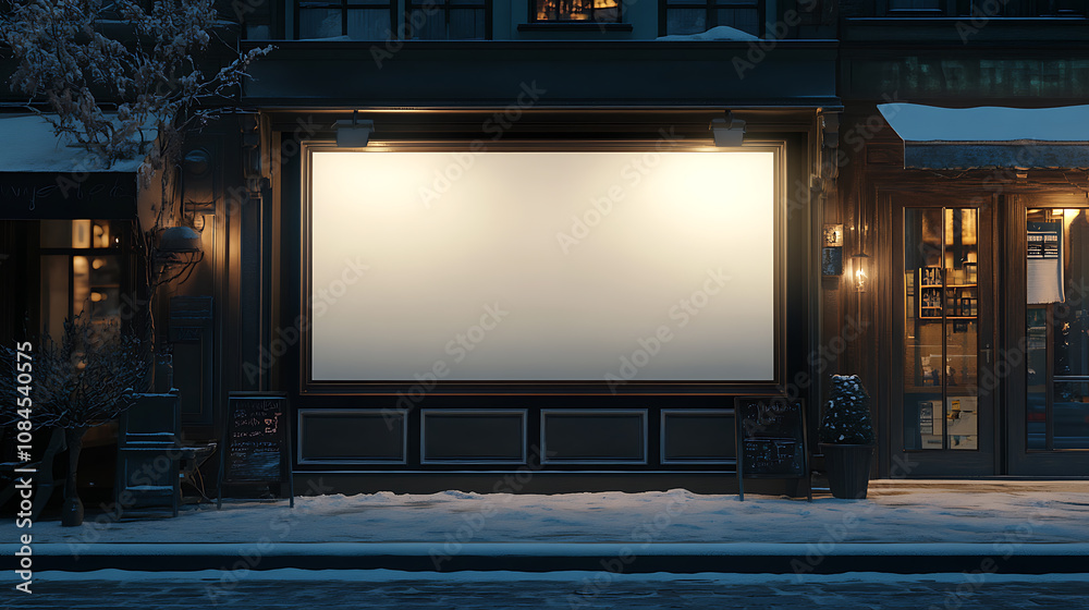 A shop window displays a large blank banner by night, set for a 3D Render mockup A shop window displays a large blank banner by night, set for a 3D Render mockup