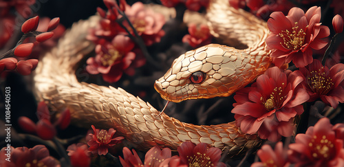 A golden snake representing the coming of the new year on a background covered with flowers