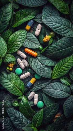 Capsules of various colors resting on green leaves in a natural setting durin...