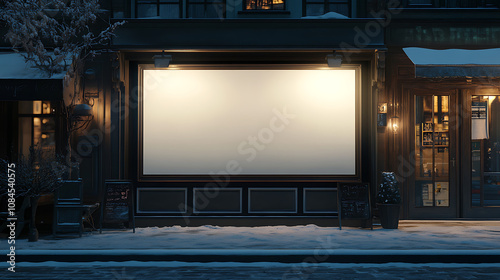 A shop window displays a large blank banner by night, set for a 3D Render mockup