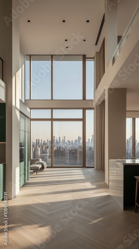 Modern minimalist interior showcasing large windows with a city skyline view ...