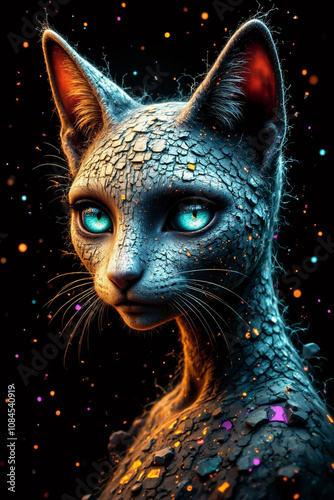 Abstract portrait of cute blue-eyed cat on black background. AI generative. photo