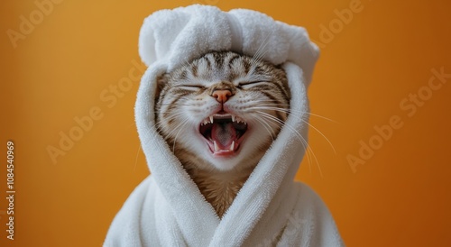Cat yawning while wrapped in a white towel against an orange background durin...