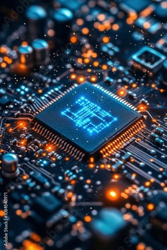 Close up of a modern microprocessor on a circuit board with glowing component...