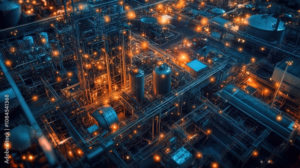 Industrial site illuminated at night with digital technology Industrial site illuminated at night with digital technology